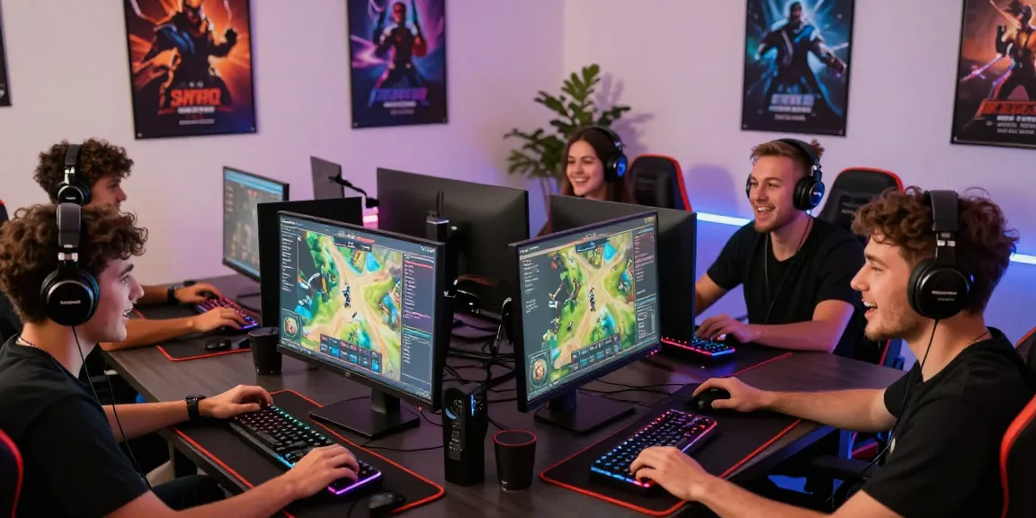 Gamers engaging intensely on a 토토사이트 platform in a stylish gaming room filled with vibrant tech.
