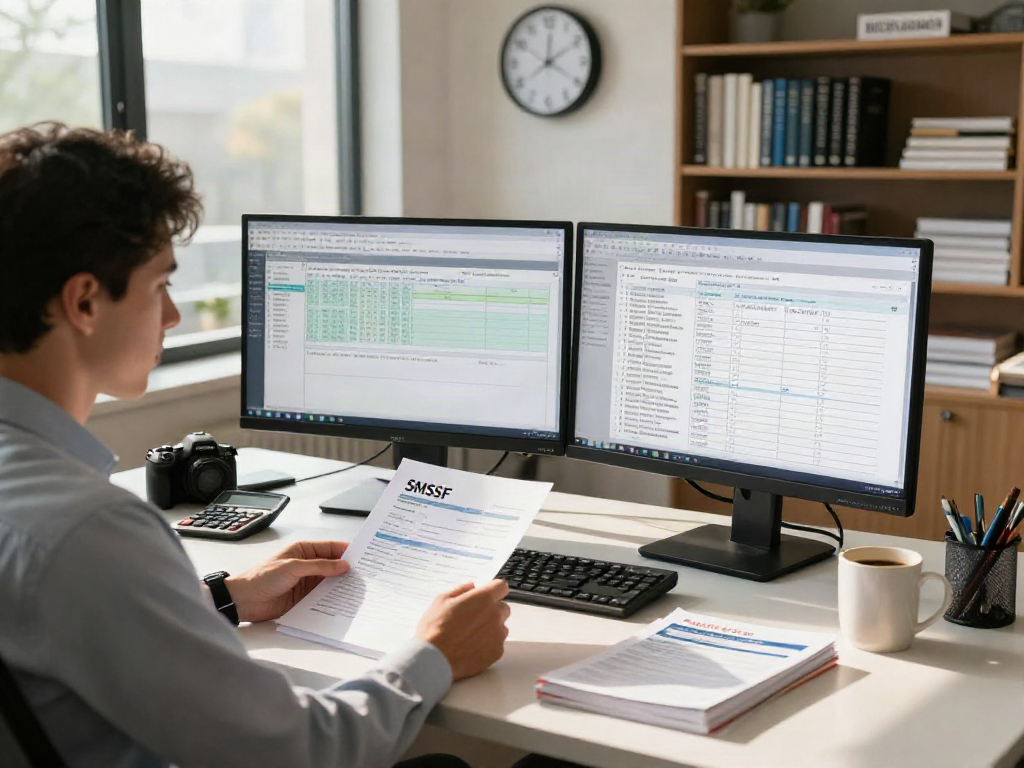 Accountant reviewing SMSF tax return documents in a professional office setting.