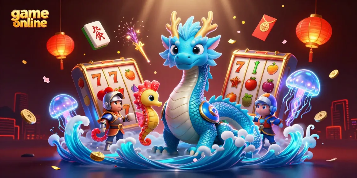 Engage in game online excitement with an azure water dragon, seahorse knight, and vibrant casino elements.