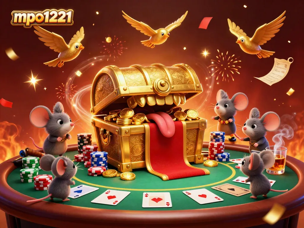 Experience the excitement of mpo1221; a treasure chest and mice in a vibrant casino environment.