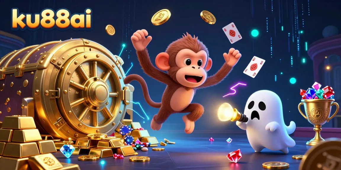 Juxtaposing the fun of ku88ai, a ghost-hunter puppy tracks a mischievous poltergeist monkey amidst casino treasures.