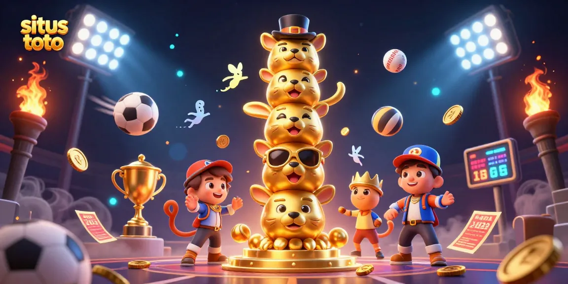 Join the excitement at situs toto with a lively 3D illustration showcasing dynamic sports betting elements and a golden totem.