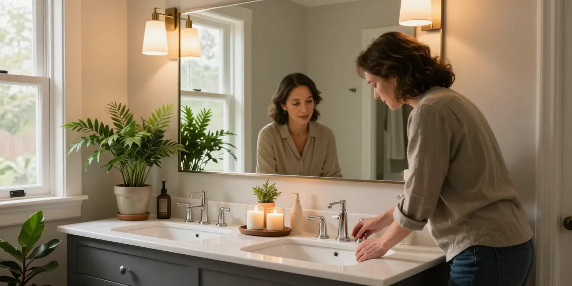 Modern bathroom vanity with double sinks, decorated with candles and plants, creating a stylish and inviting atmosphere.