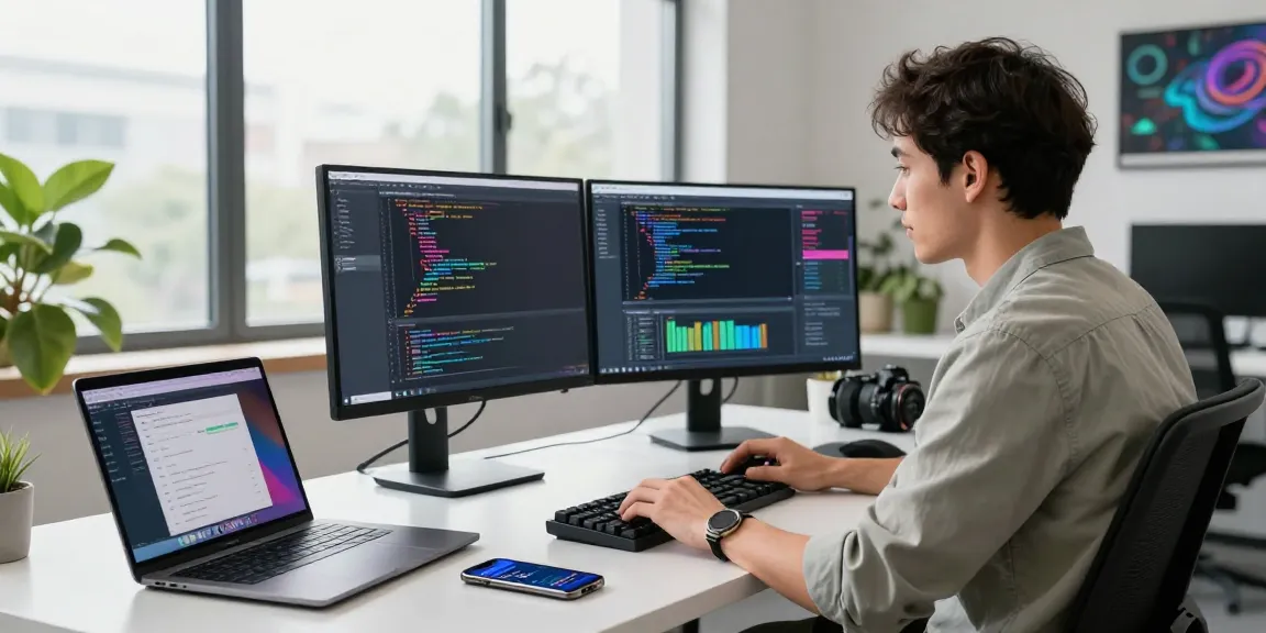 Developer enhancing openclaw skills in a modern tech workspace with dual monitors and vibrant coding environment.