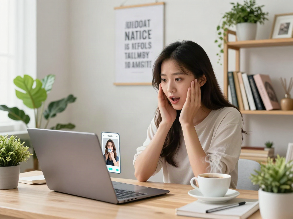 Young woman engaging in an attractive test using her laptop, showcasing a bright and inviting atmosphere.