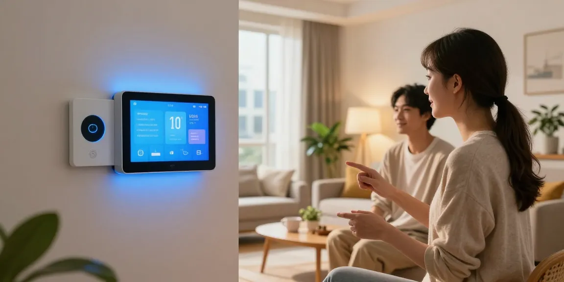 Couple engaging with AI gf home assistant in a modern living room