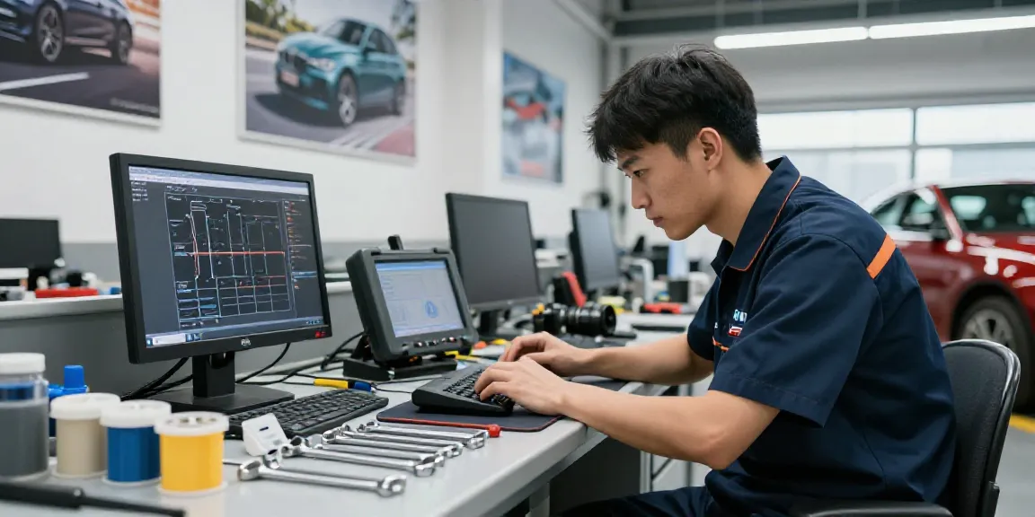 Skilled technician at a BMW werkstatt hannover diagnosing vehicle issues in a professional automotive workshop.