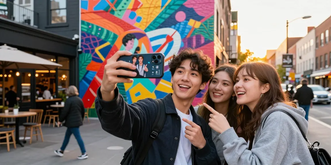Young person smiling while using a smartphone app to discover celebrities that look alike in an urban setting.