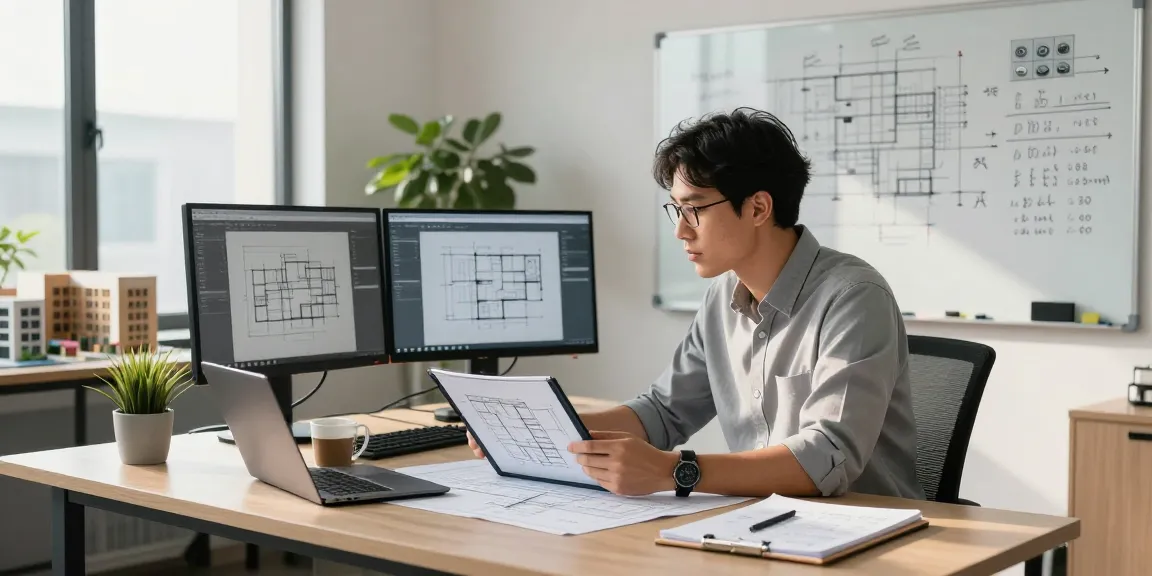 Engineering expert witness Missouri reviewing blueprints and technical drawings in a modern office space