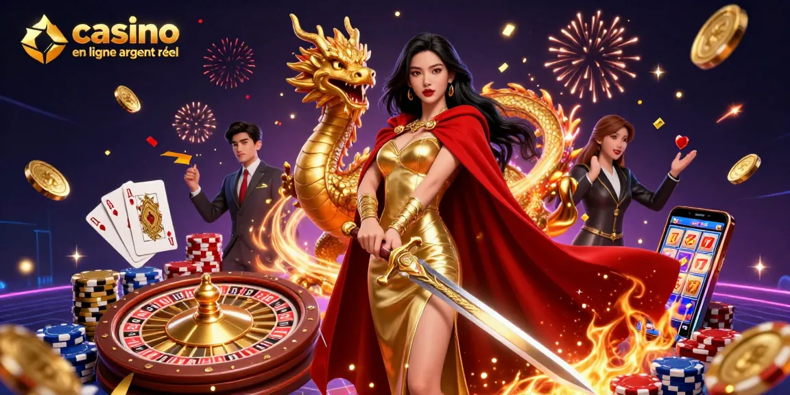 Découvrez un gameplay exaltant au casino en ligne argent réel avec une magnifique reine guerrière asiatique parmi des pièces et des cartes volantes.