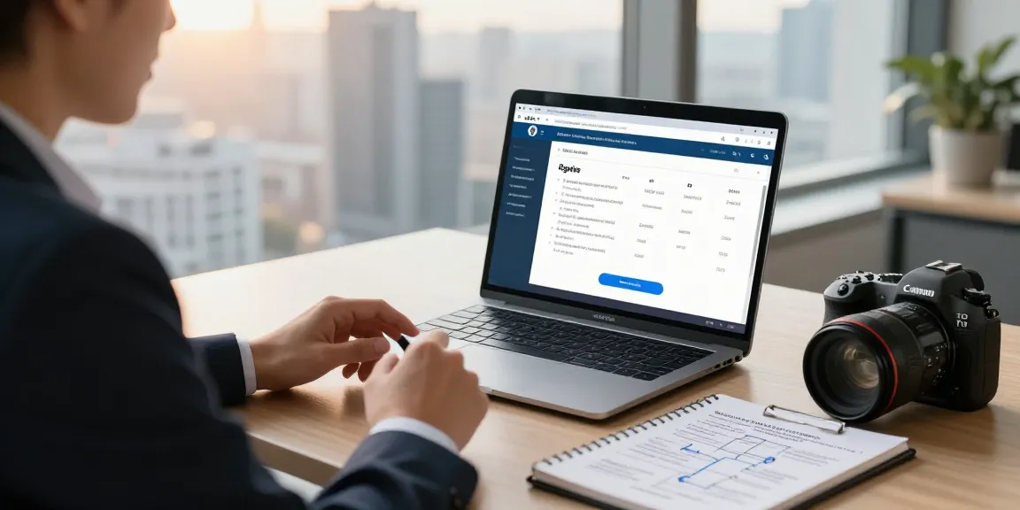 Business professional reviewing age verification system in a modern office setting with a city backdrop.