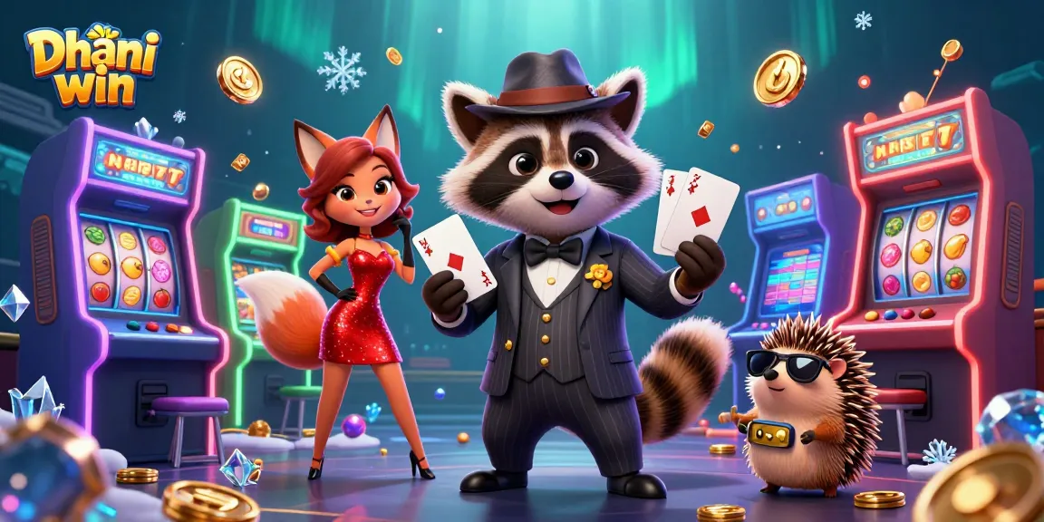 Dhani win colorful gameplay illustration featuring a suave raccoon, elegant fox, and hedgehog bouncer amidst arcade and slot elements.