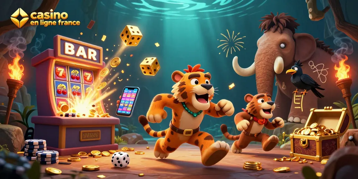 Jouez au casino en ligne France avec des machines à sous et des jetons dans un décor préhistorique.