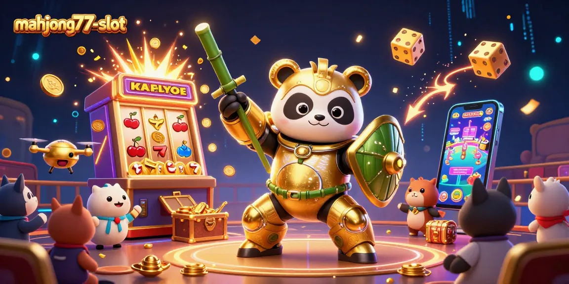 Experience excitement at mahjong777-slot with a vibrant 3D illustration of a panda pilot and jackpot action.