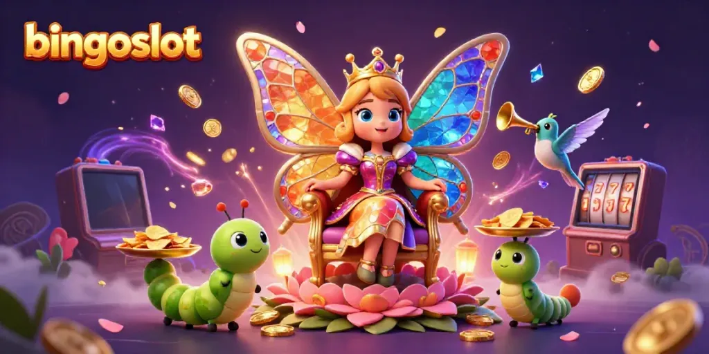 Bermain bingoslot dengan ratu kupu-kupu, uang koin, dan suasana kasino yang glamor.