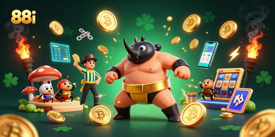 Experience thrilling wins at 88i with engaging sumo beetles amidst crypto coins and slot machines.