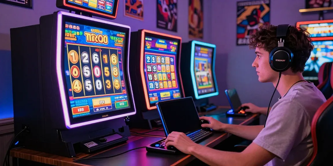 Pengguna slot777 menikmati permainan slot online dengan antusias, dikelilingi oleh grafik warna-warni dan suasana gaming yang hidup.