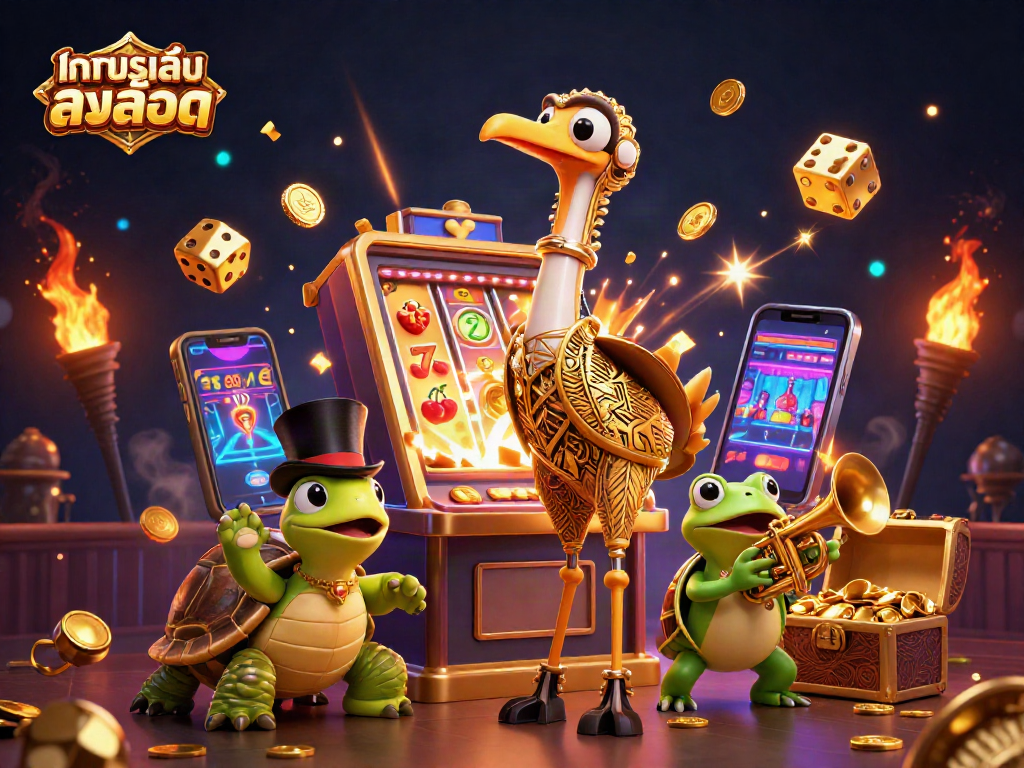 Engage with ทดลองเล่นสล็อต as characters celebrate a jackpot amidst a vibrant casino scene full of action.