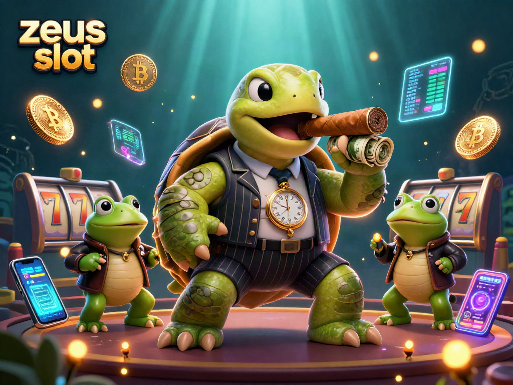 Spin the zeus slot with a snapping turtle mobster and bullfrog enforcers at a vibrant casino scene.