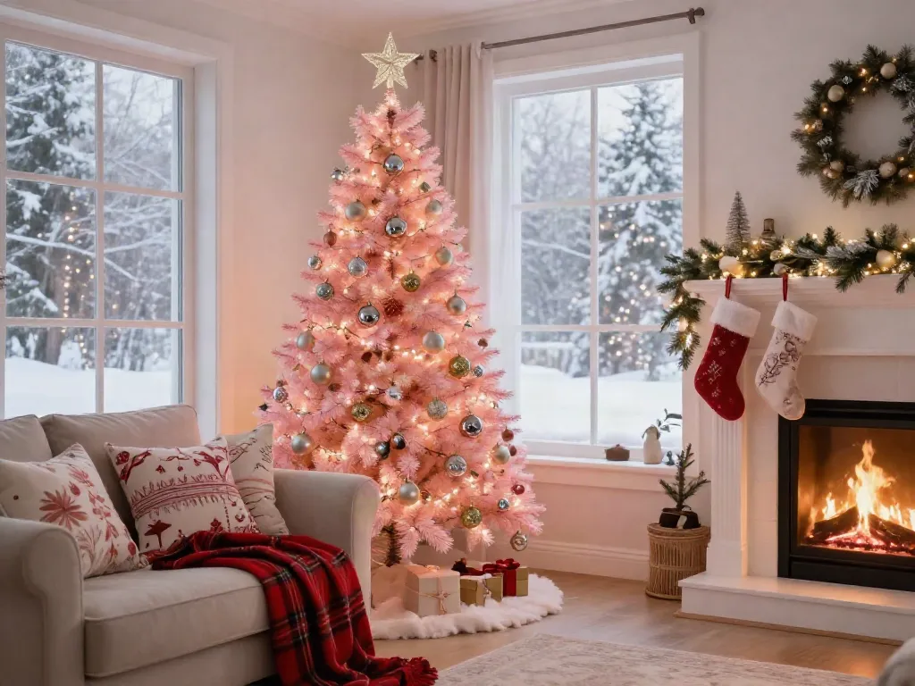Festively decorated light pink Christmas tree in a cozy holiday living room scene.