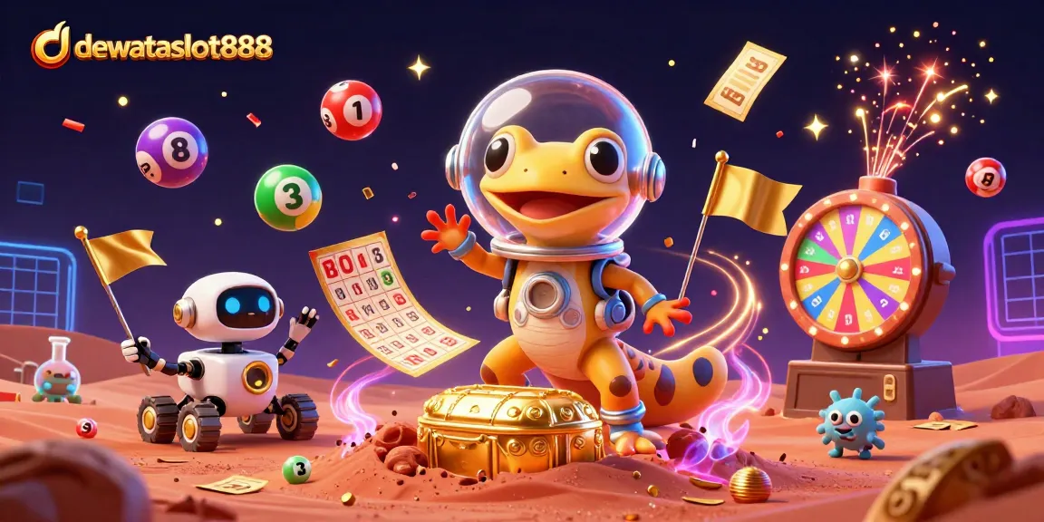 Merayakan permainan dewataslot888 dengan gecko Mars yang menggali kasino emas sambil dikelilingi bola lotere berwarna.