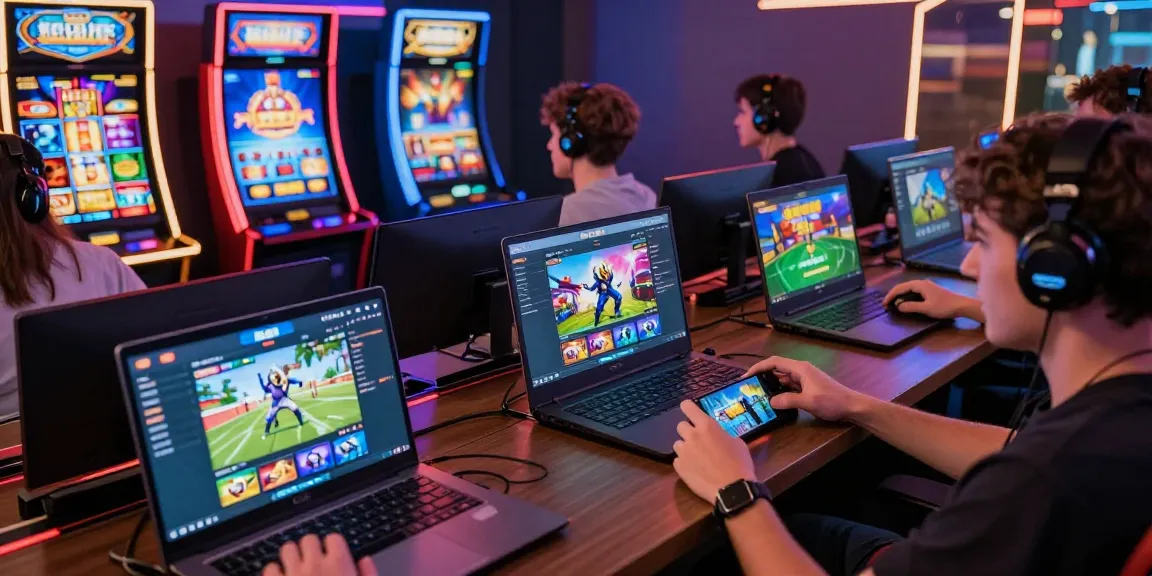 Excited players engaging with the 鉅城 online gaming platform on laptops and smartphones in a vibrant gaming atmosphere.