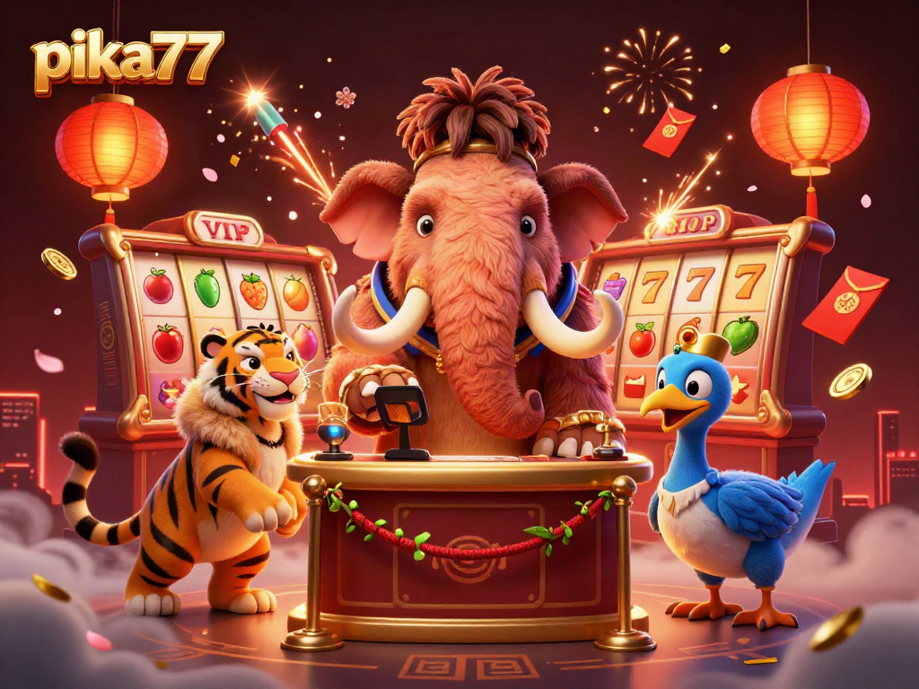 Join the excitement at pika77 as a woolly mammoth bouncer checks IDs in a vibrant online casino scene.