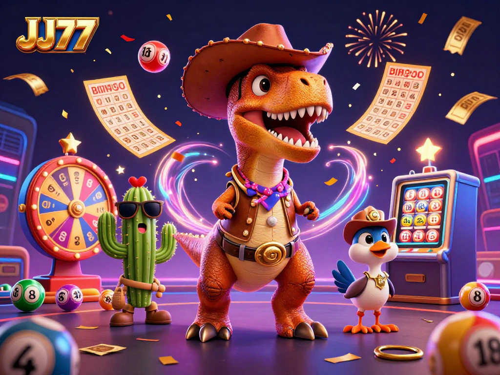Experience thrilling victories with JJ77 in this vibrant, action-packed casino scene full of dynamic game elements.