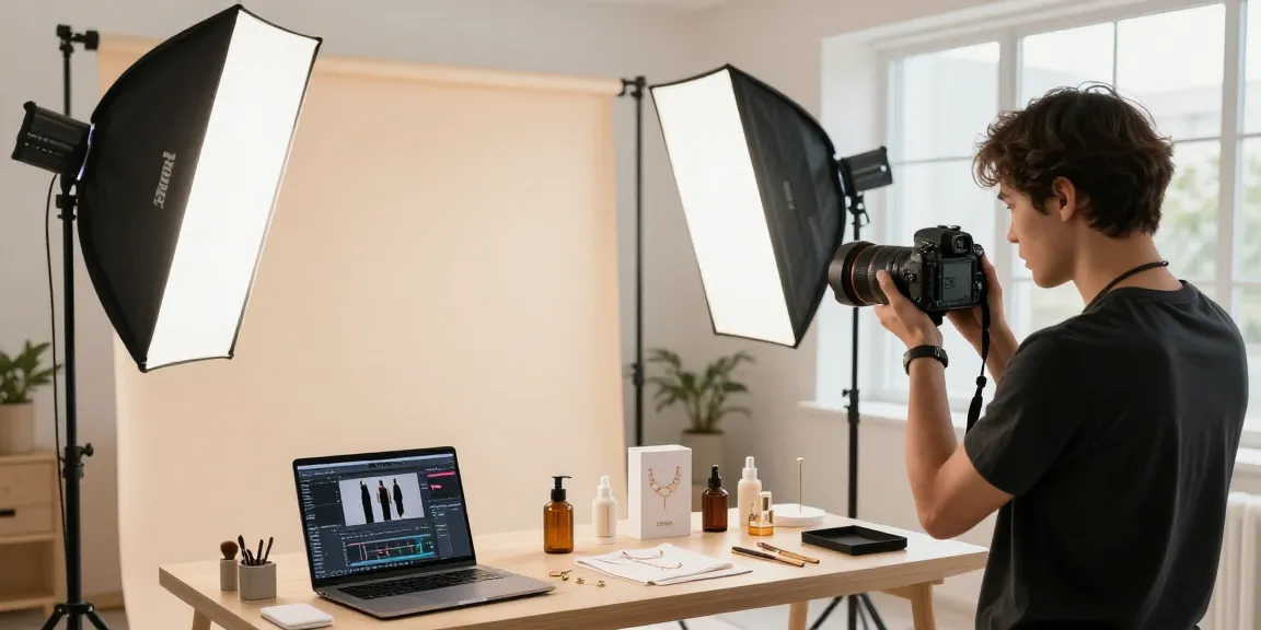 Services photographiques ecommerce avec un photographe professionnel capturant des produits dans un studio lumineux.