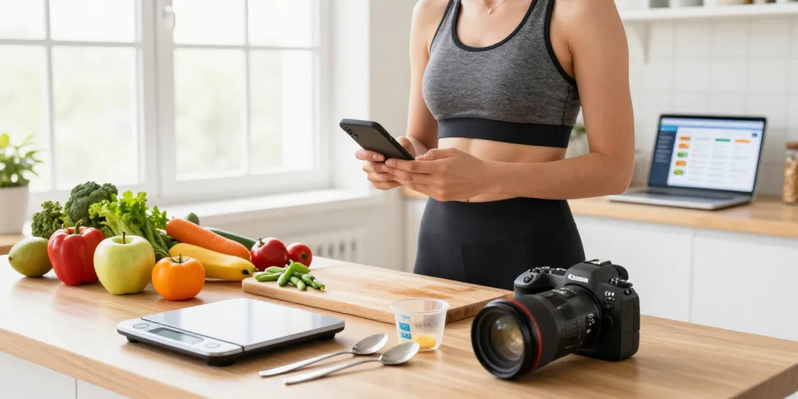 Person using the best food tracking apps in a bright kitchen filled with fresh ingredients.