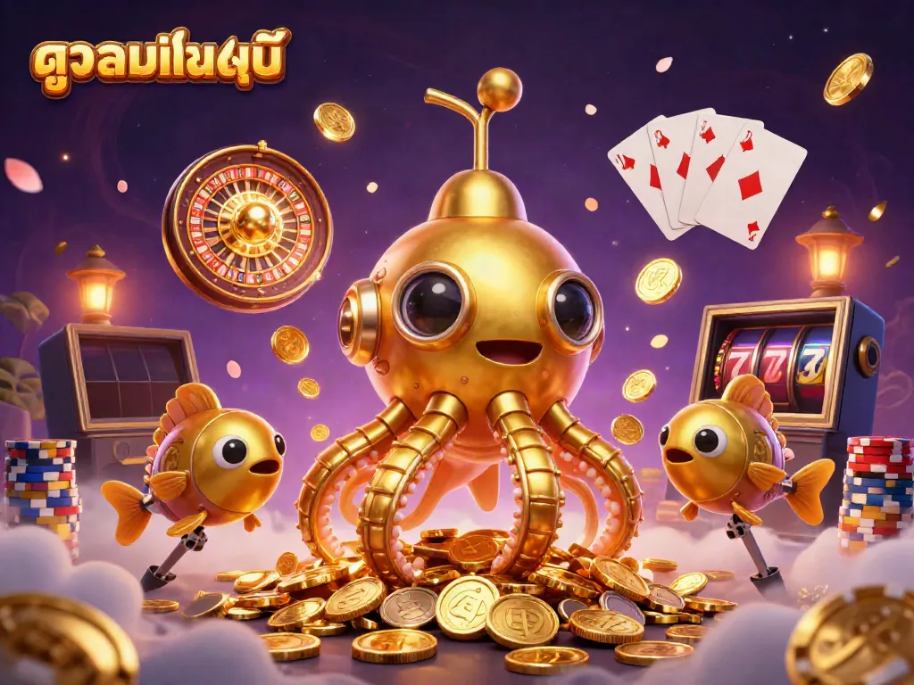Experience ดูบอลออนไลน์ with our vibrant 3D artwork featuring a golden kraken submarine and dynamic casino elements.