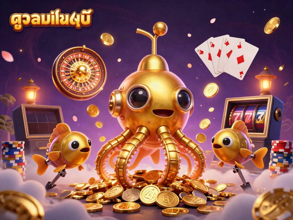 Experience ดูบอลออนไลน์ with our vibrant 3D artwork featuring a golden kraken submarine and dynamic casino elements.