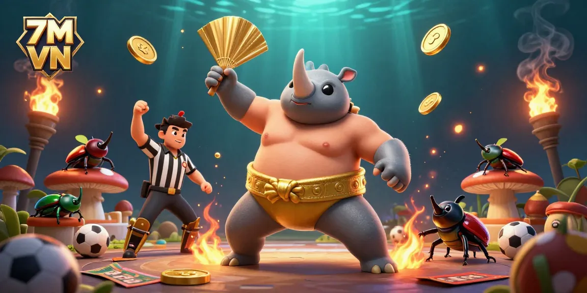 Engage with fast-paced sports betting action on 7M VN, featuring a dynamic illustrated scene with beetle characters.