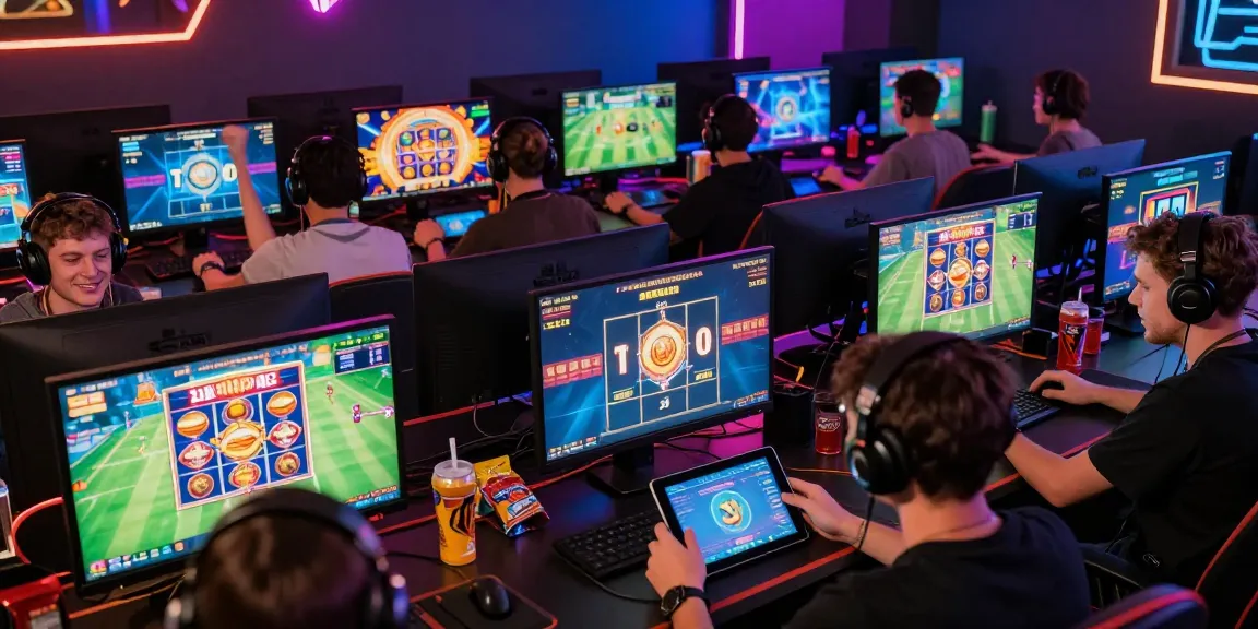 Engaging online gaming community celebrating wins while accessing login raja 328 games on various devices in a vibrant setting.