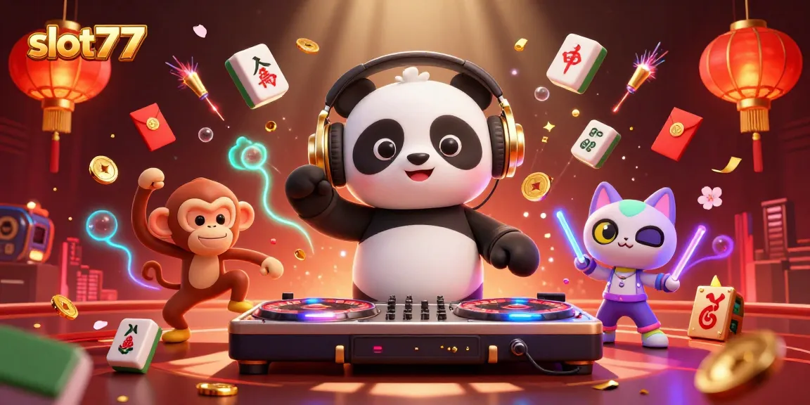 Experience vibrant slot777 gaming action with a DJ panda and lively characters in an electrifying scene.