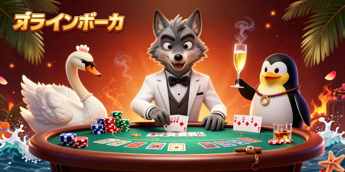 オンラインポーカで観戦しながら、ポーカーテーブルの周りに豪華なキャラクターが集まる情景