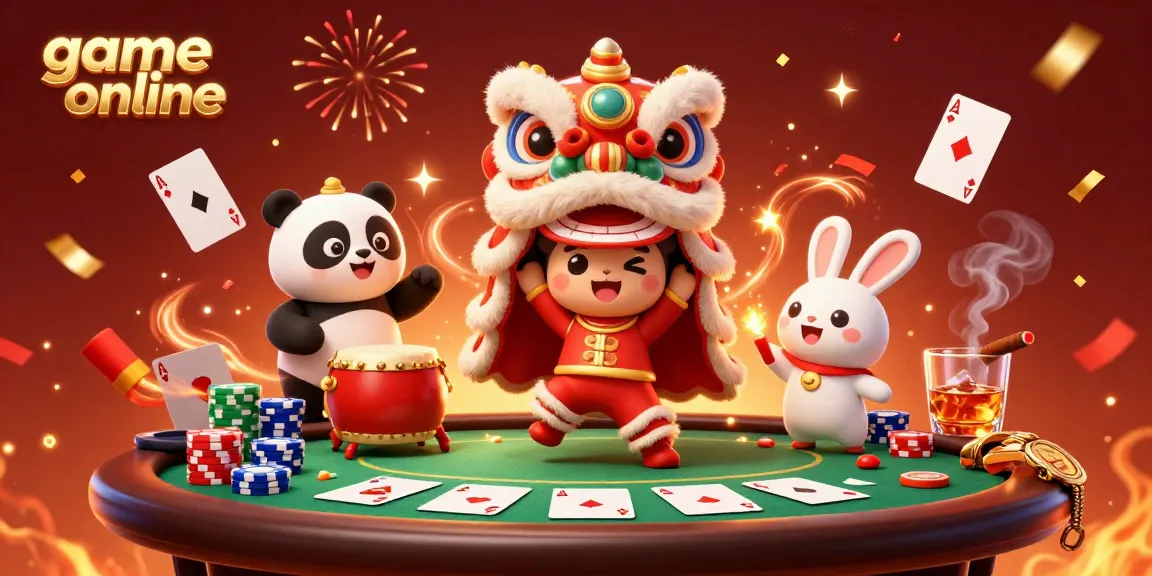 Experience the excitement of game online with a festive lion dance and poker elements in this vibrant scene.