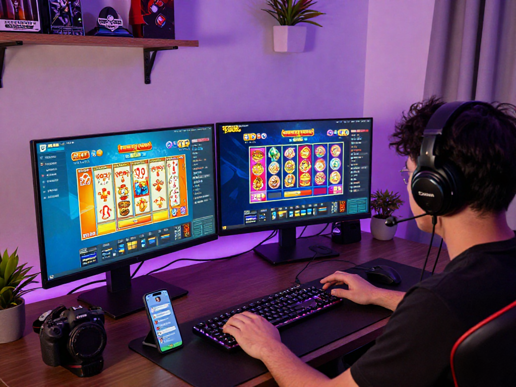 Player engaging in login togel games at a high-tech desk with vibrant screens and gaming accessories.