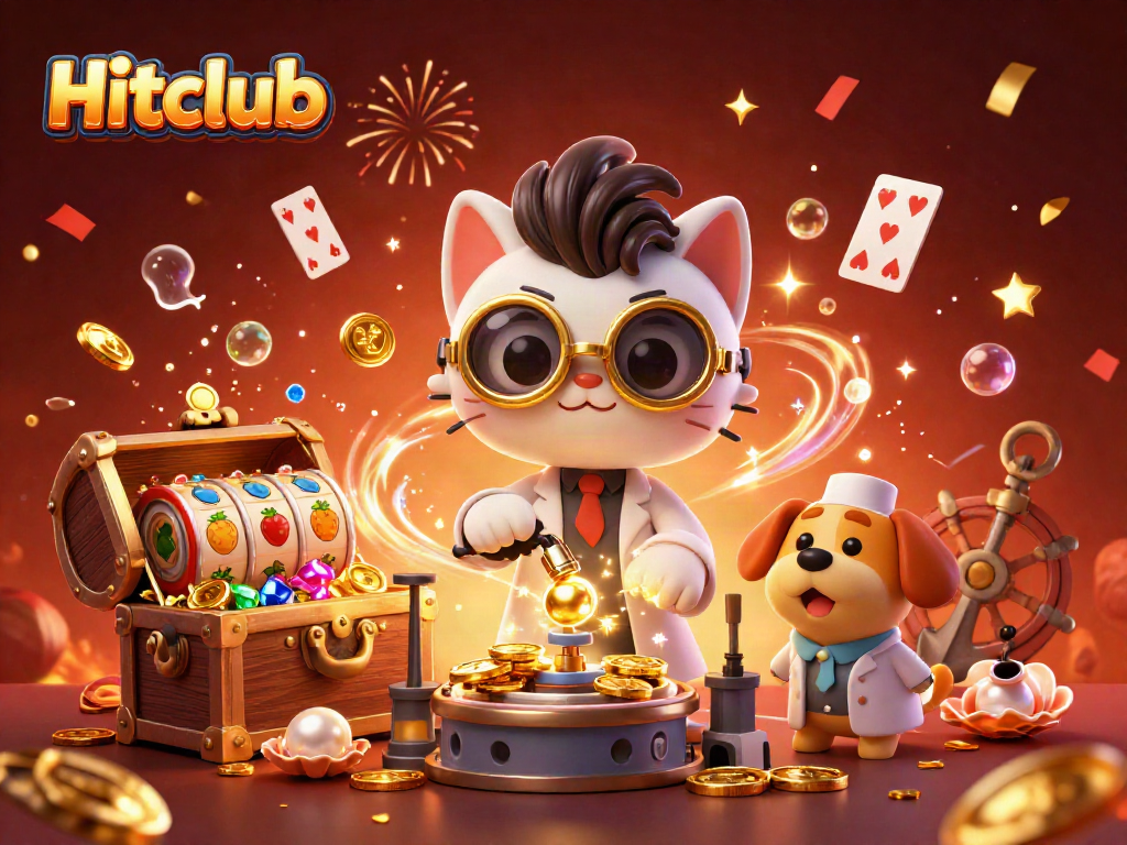 Hitclub's vibrant casino world, showcasing a mad scientist cat crafting gold coins surrounded by dynamic game elements.