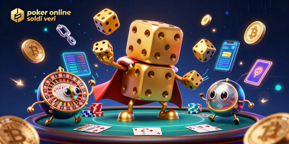 Gioca a poker online soldi veri con il golem di dadi d'oro in un'illustrazione ricca di elementi di giochi e criptovalute.