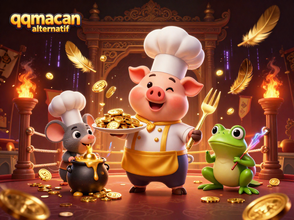 Engage with thrilling qqmacan alternatif gaming, featuring a chef pig, sous-chef mouse, and food critic frog amidst golden casino elements.