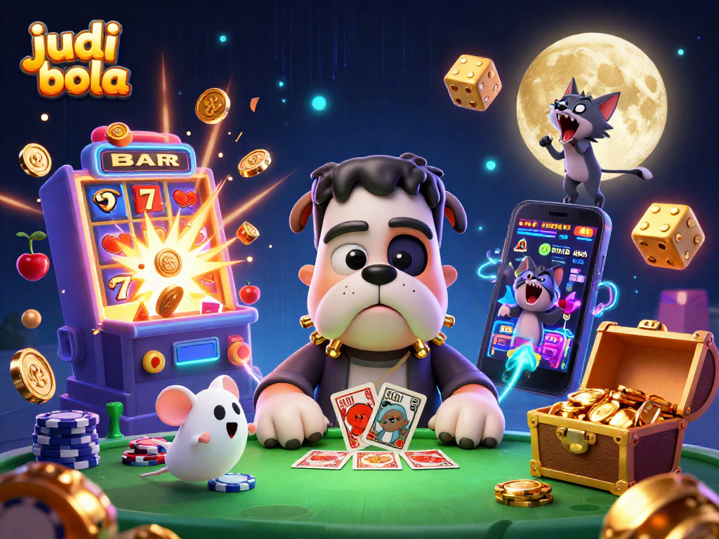 Engage in judi bola excitement with lively characters at a playful, dynamic casino scene.