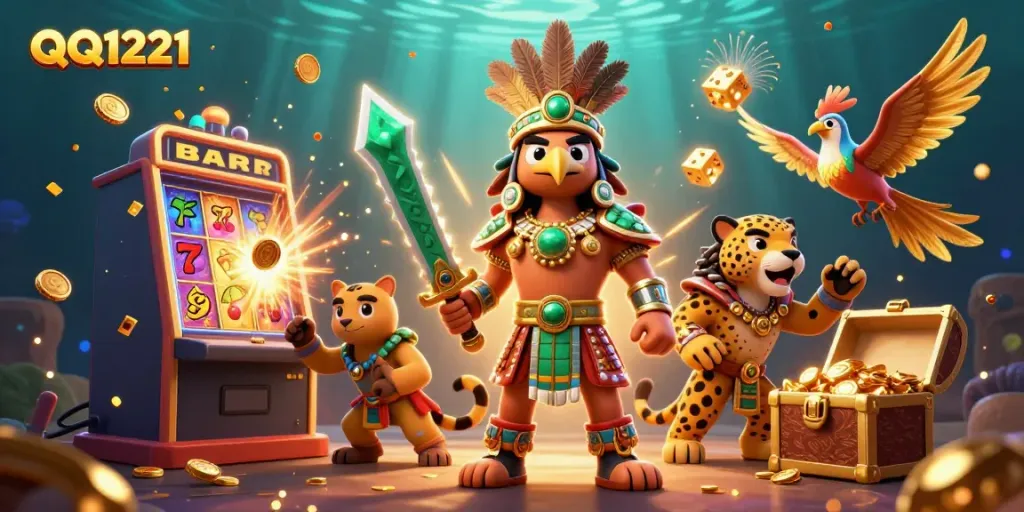 Experience QQ1221 with the exciting gameplay of a vibrant slot machine scene and warrior characters.
