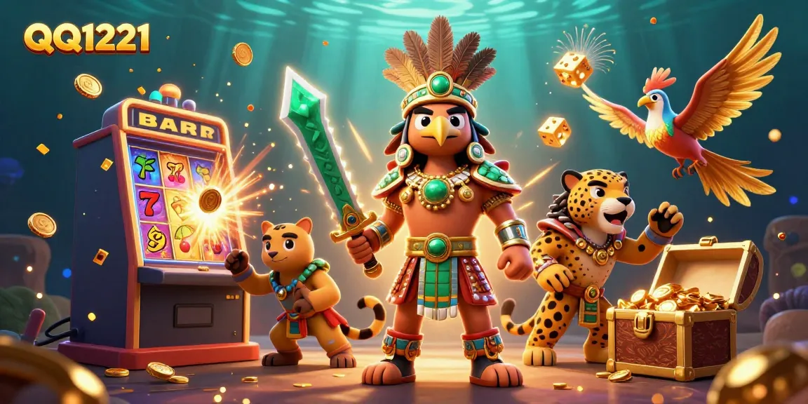 Experience QQ1221 with the exciting gameplay of a vibrant slot machine scene and warrior characters.
