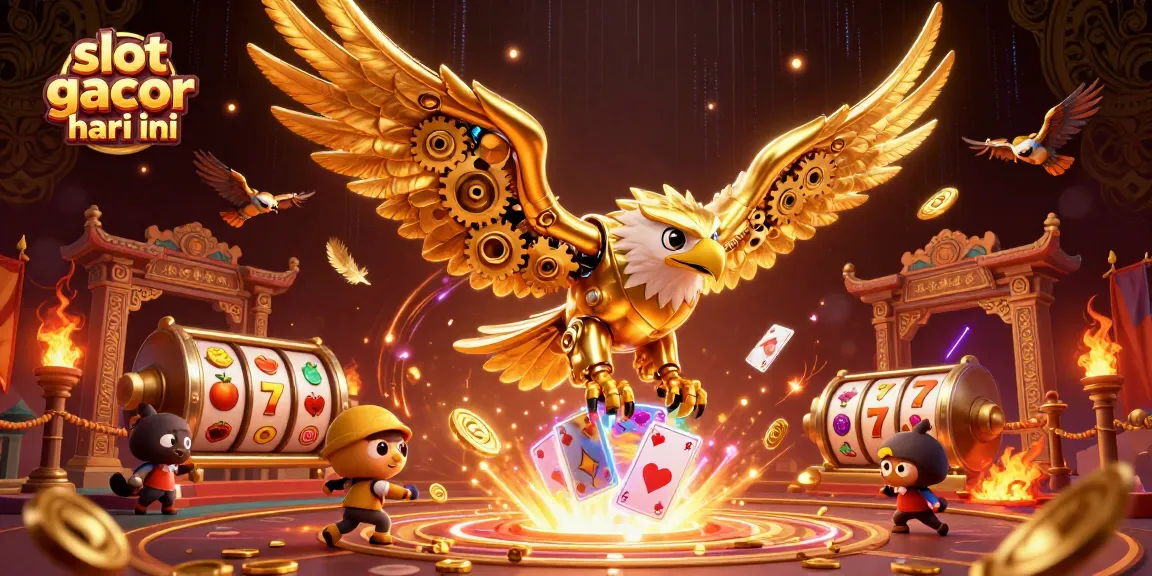 Engage with slot gacor hari ini in a vibrant 3D illustration of a cybernetic eagle diving through holographic cards.