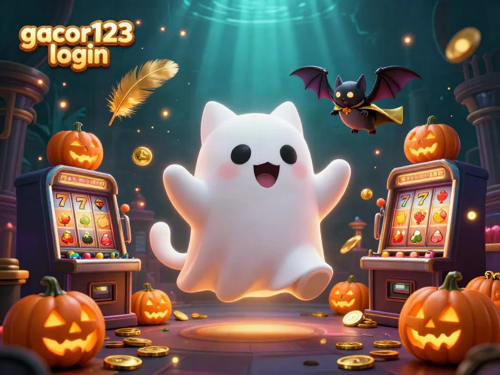 Experience gacor123 login with a captivating casino scene featuring a friendly ghost cat and vampire bat.