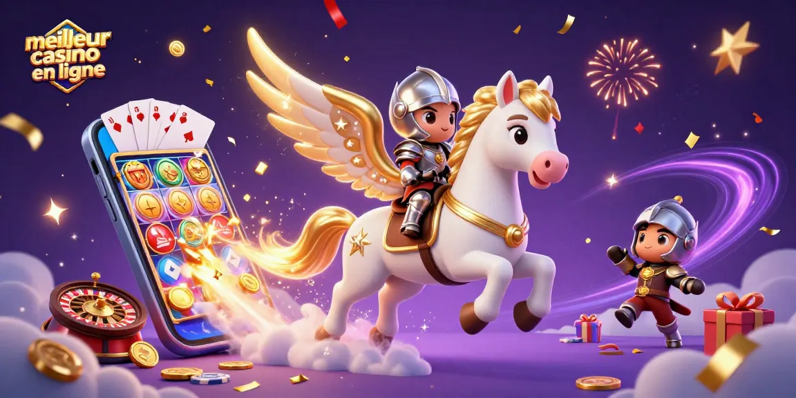 Illustration dynamique du meilleur casino en ligne avec un cheval céleste et un guerrier. Jeux et gains représentent l'excitation du jeu.