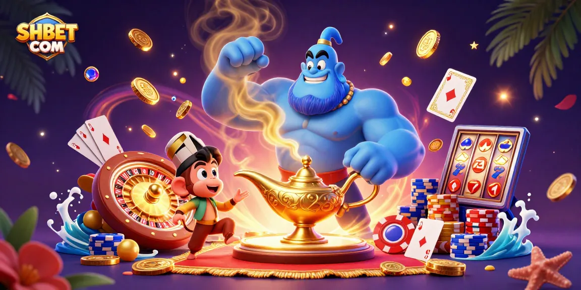 Experience exciting winnings at SHBET COM with a colorful 3D illustration of a genie, poker chips, and casino magic.