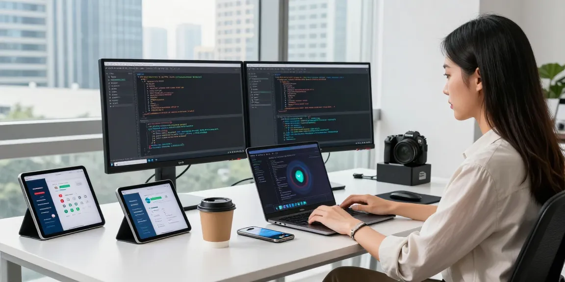 Developer working on the telegram china working app in a modern office.