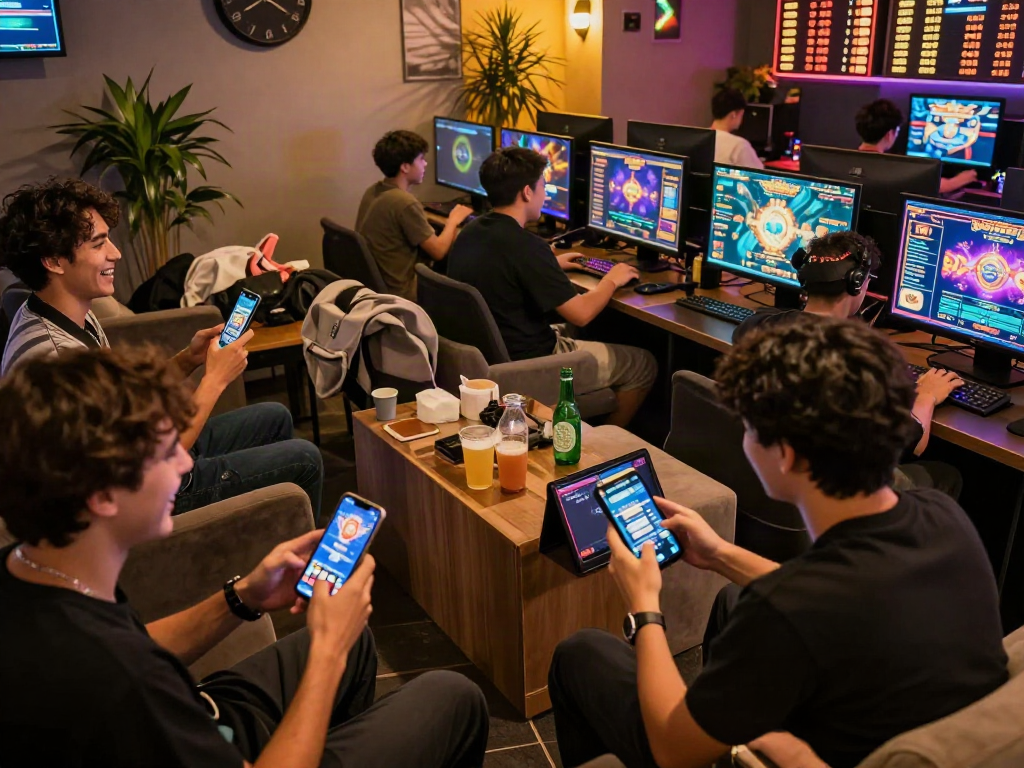 Players enjoying slot games online at luxury12, displaying excitement and camaraderie in a vibrant gaming lounge.